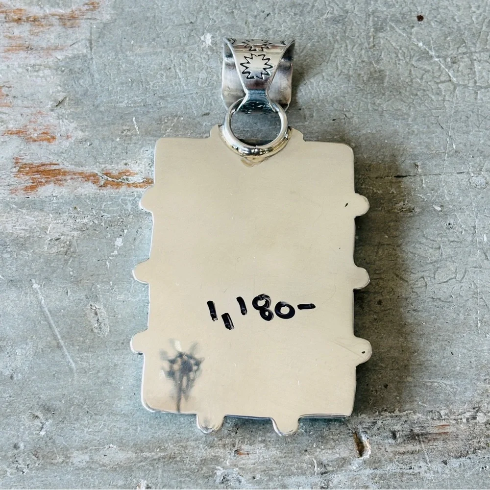 ♥️ Navajo ♥️ Lorenzo & Jerilyn Chee Sterling Silver - Kingman Turquoise Pendant - Picture 3 of 9